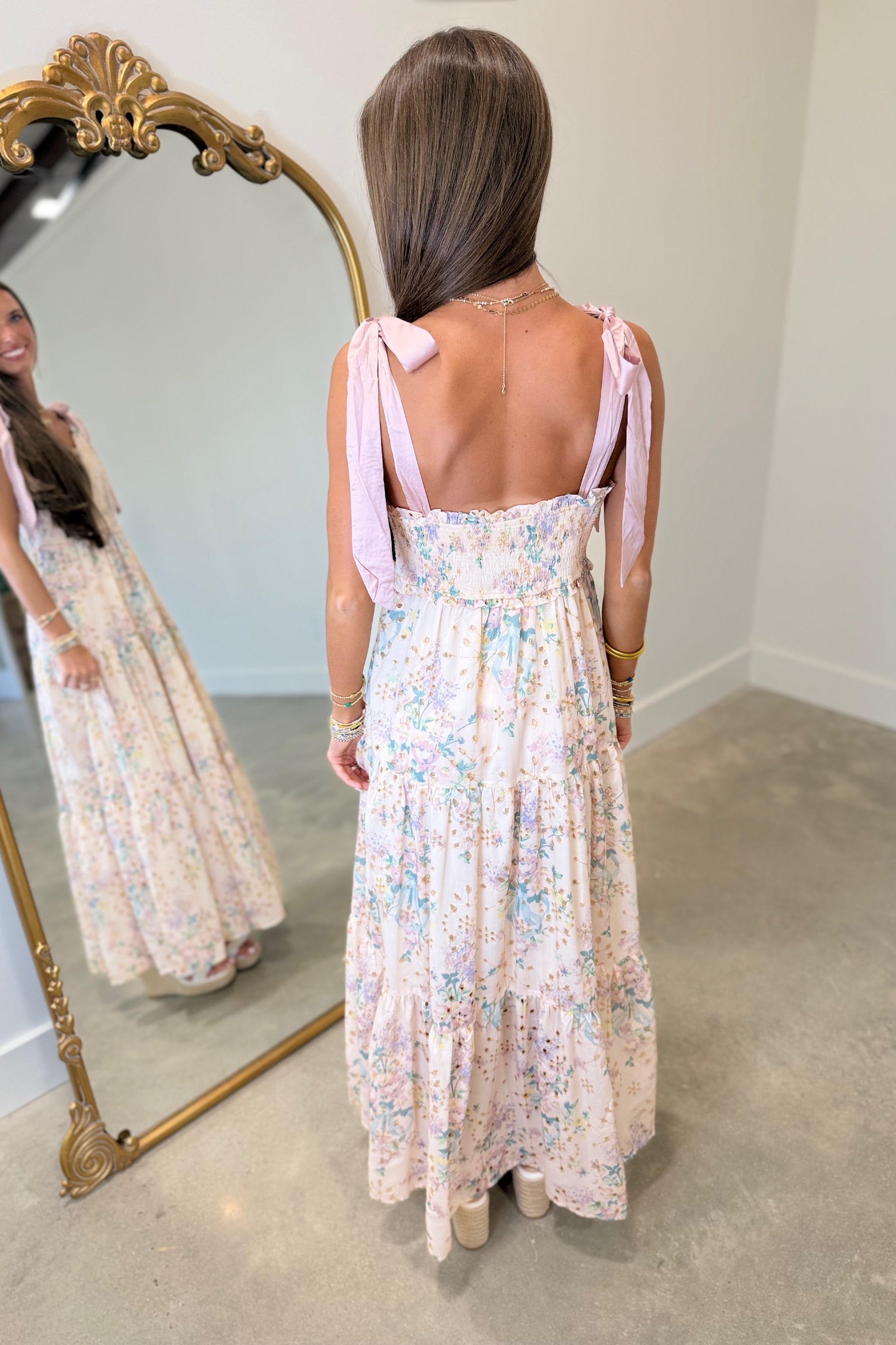 embroidered eyelet maxi dress SCALLOPED CAP SLEEVE EYELET EMBROIDERED MAXI DRESS