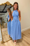 Gingham Celebration Halter Maxi Dress Blue