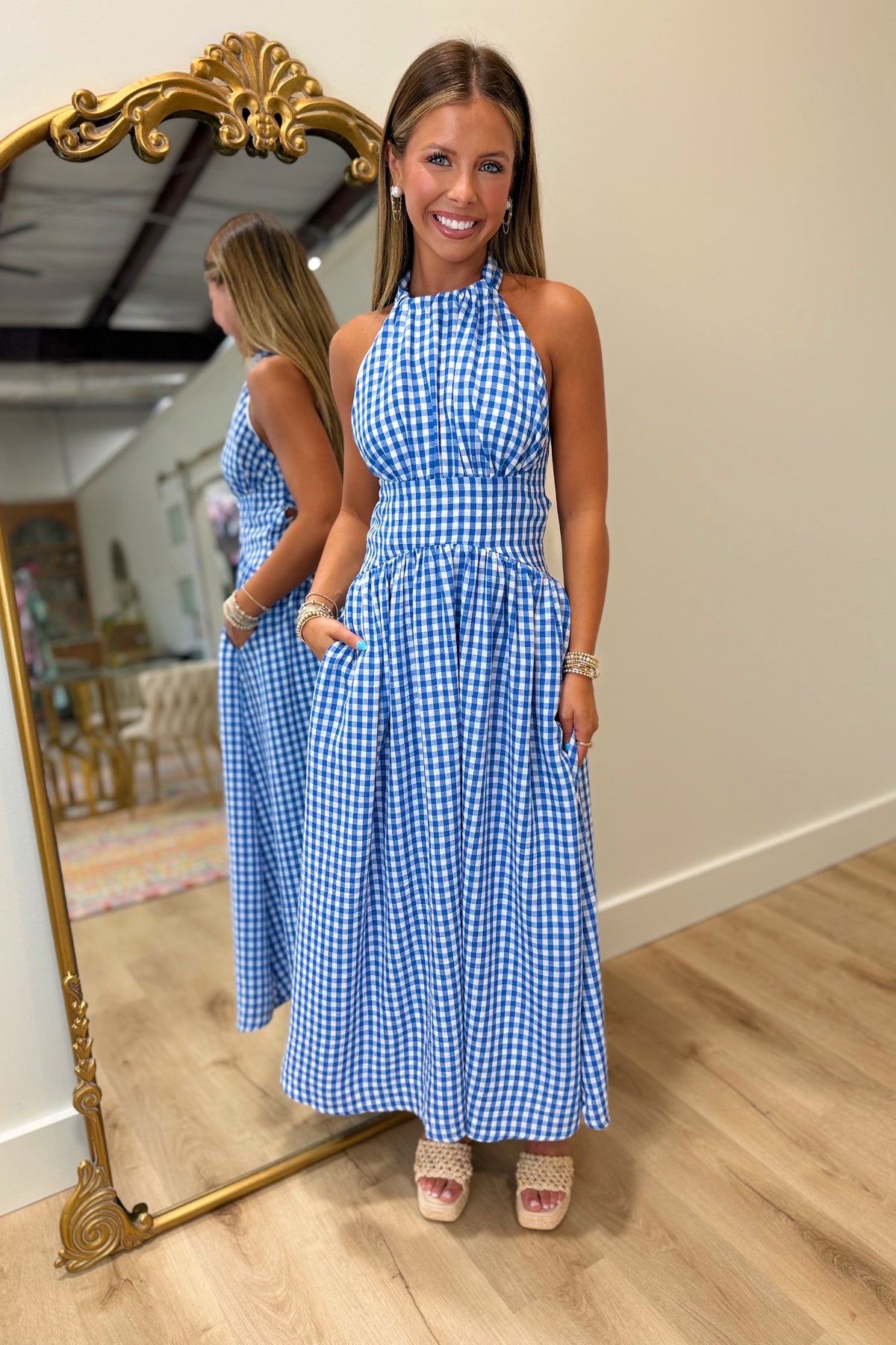 Gingham Celebration Halter Maxi Dress Blue