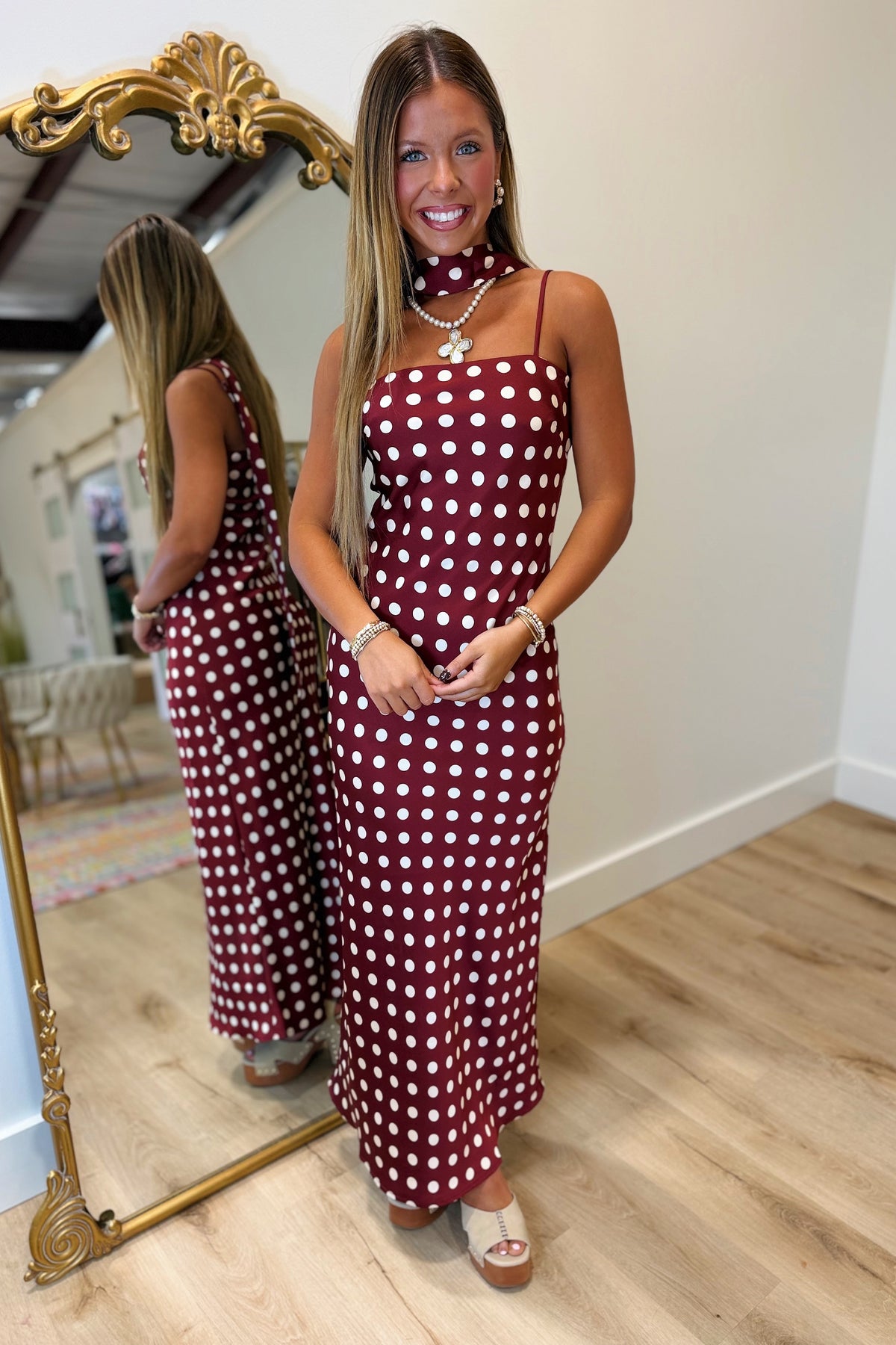 Dolly Dotted Satin Scarf Dress Burrgundy