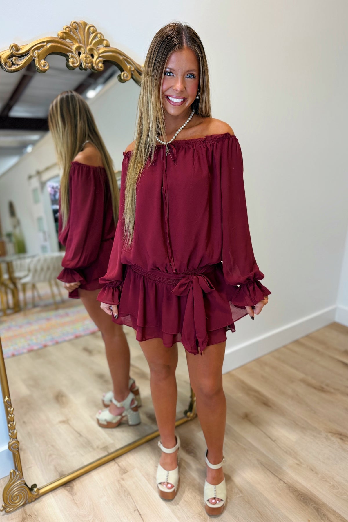 Evelyn Off the Shoulder Romper Burgundy