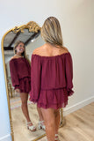 Evelyn Off the Shoulder Romper Burgundy