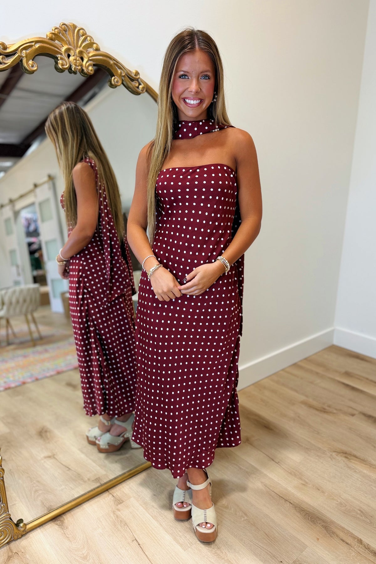 Dots on the Town Strapless Scarf Dress Burgundy