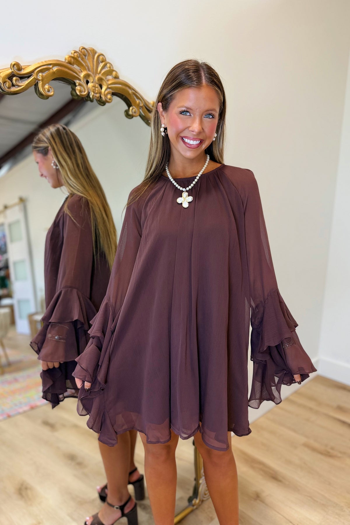 Romeo Flutter Sleeve Dress Chocolate