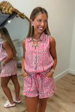 Striped Button Ruffled Romper Red