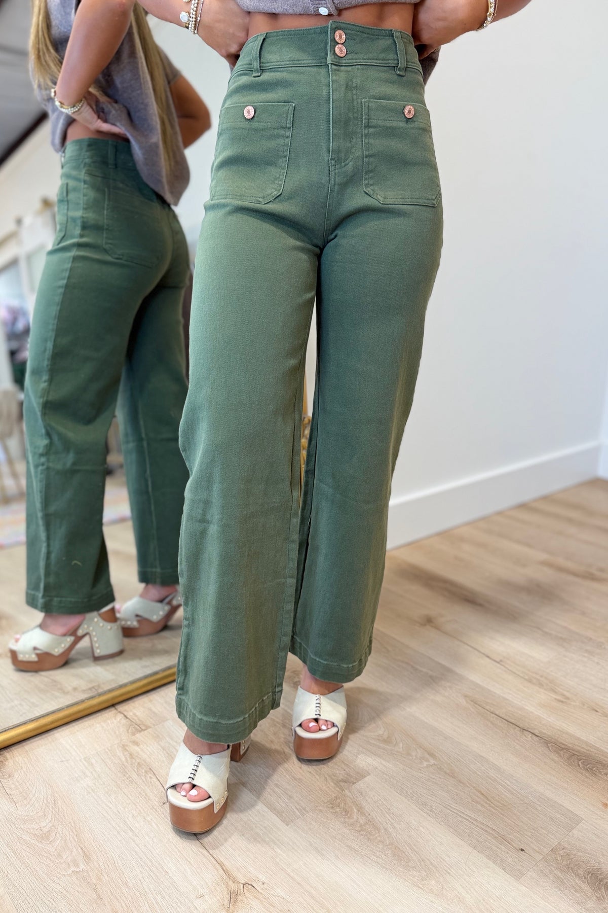 Figure Flattery Button Pants Olive