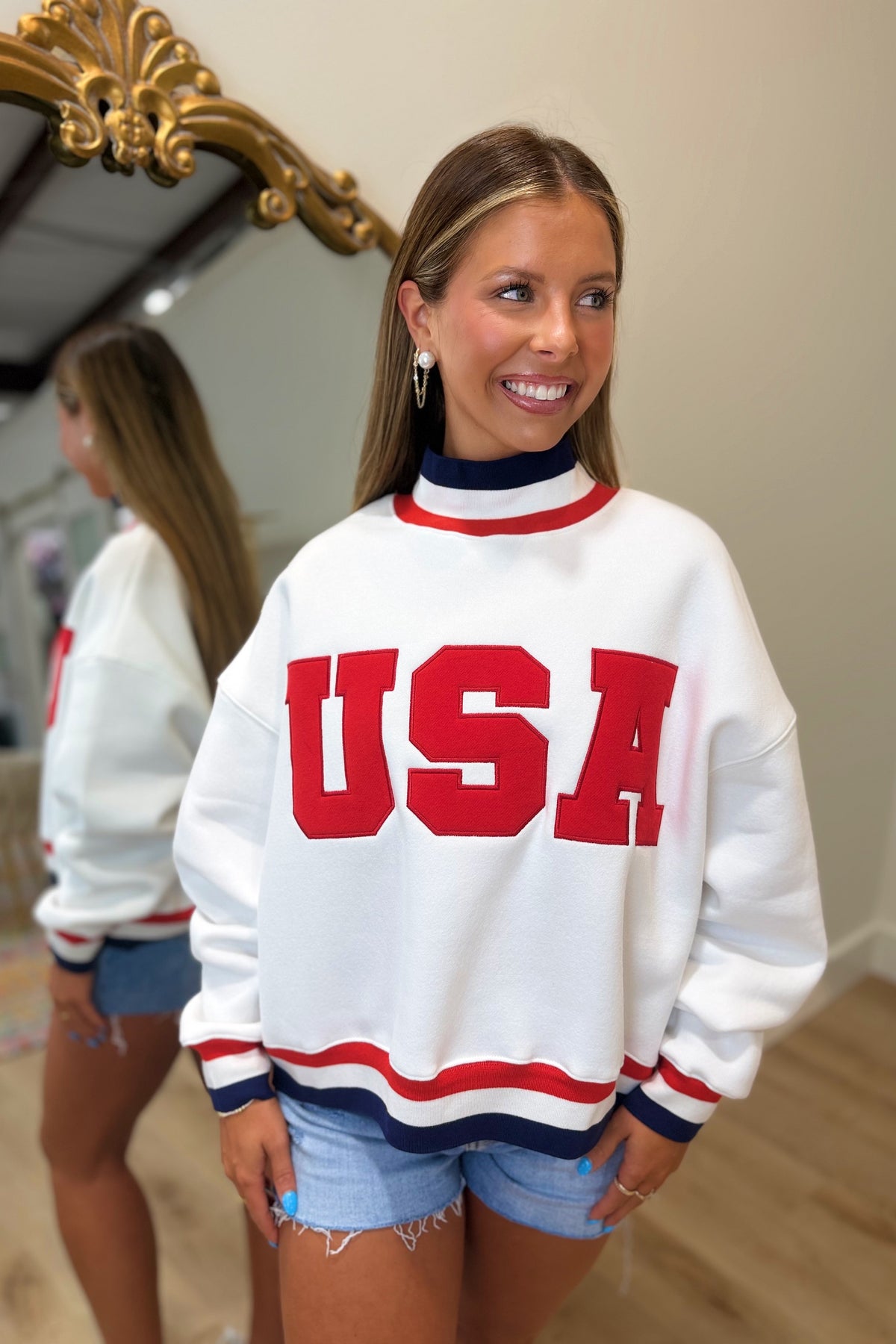 USA Mock Neck Sweatshirt White