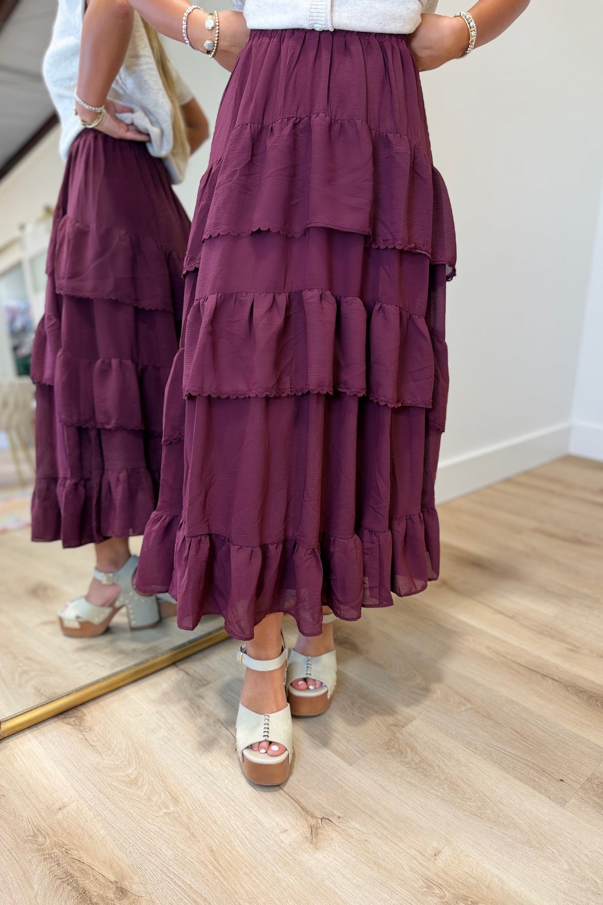 Elegant Grace Tiered Skirt Burgundy