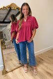 Adored Pleated Bubble Sleeve Blouse Brick