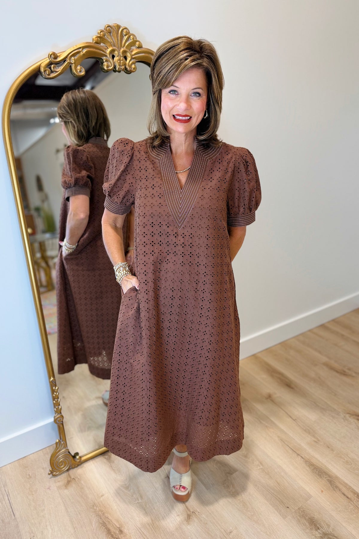 Oak Hill Eyelet Midi Dress Brown
