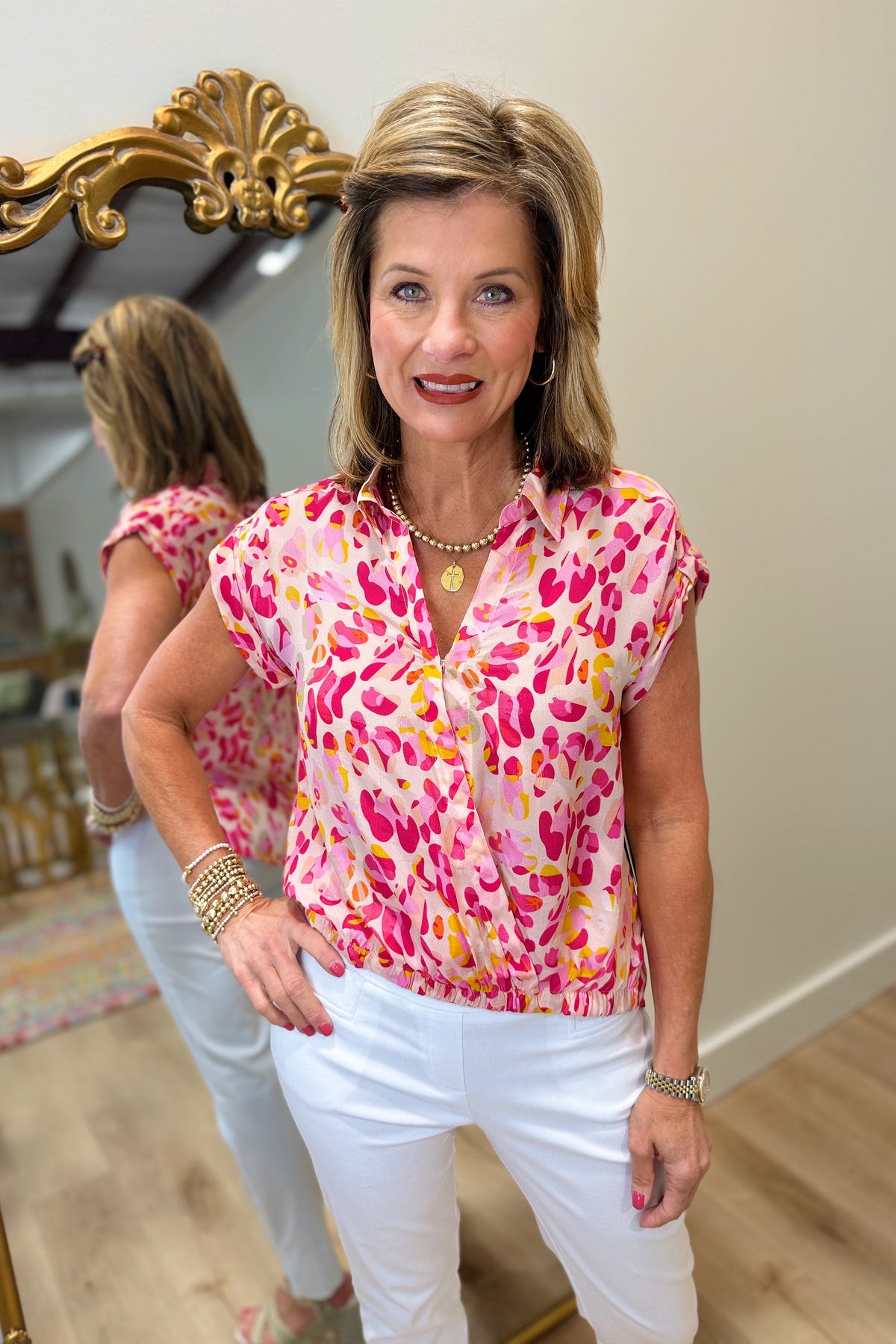 APNY Short Sleeve Split Neck Blouse Pink