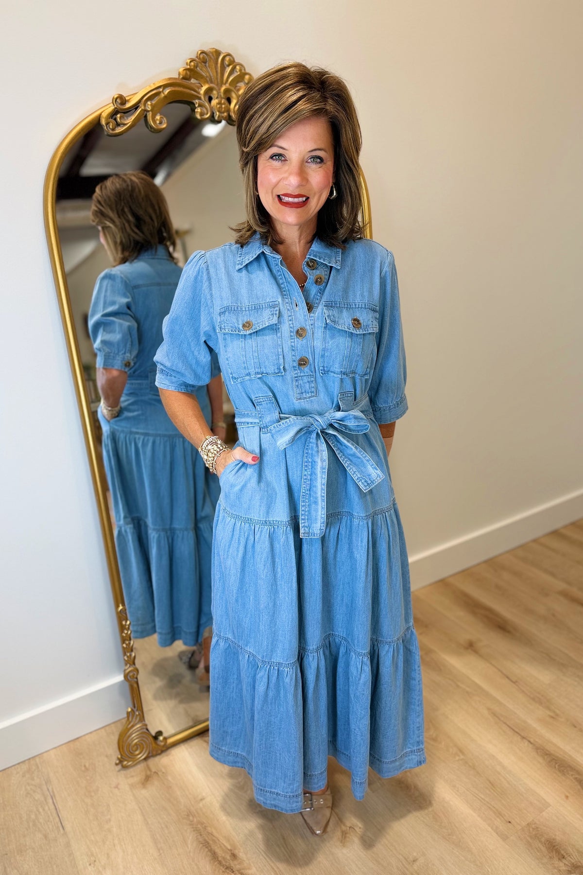 APNY Tiered Belted Denim Dress