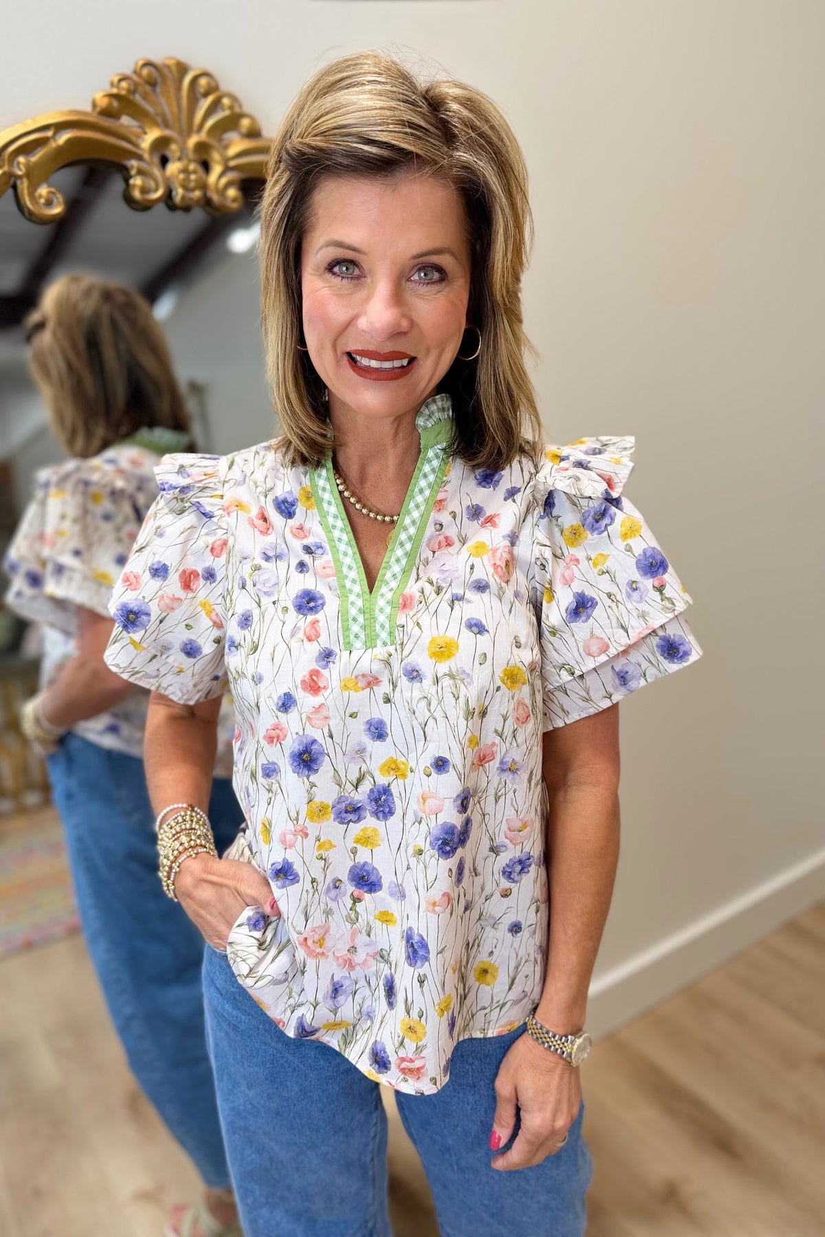 Garden Date Gingham Trim Top Green