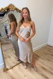 Estate Satin V Neck Slip Dress Beige