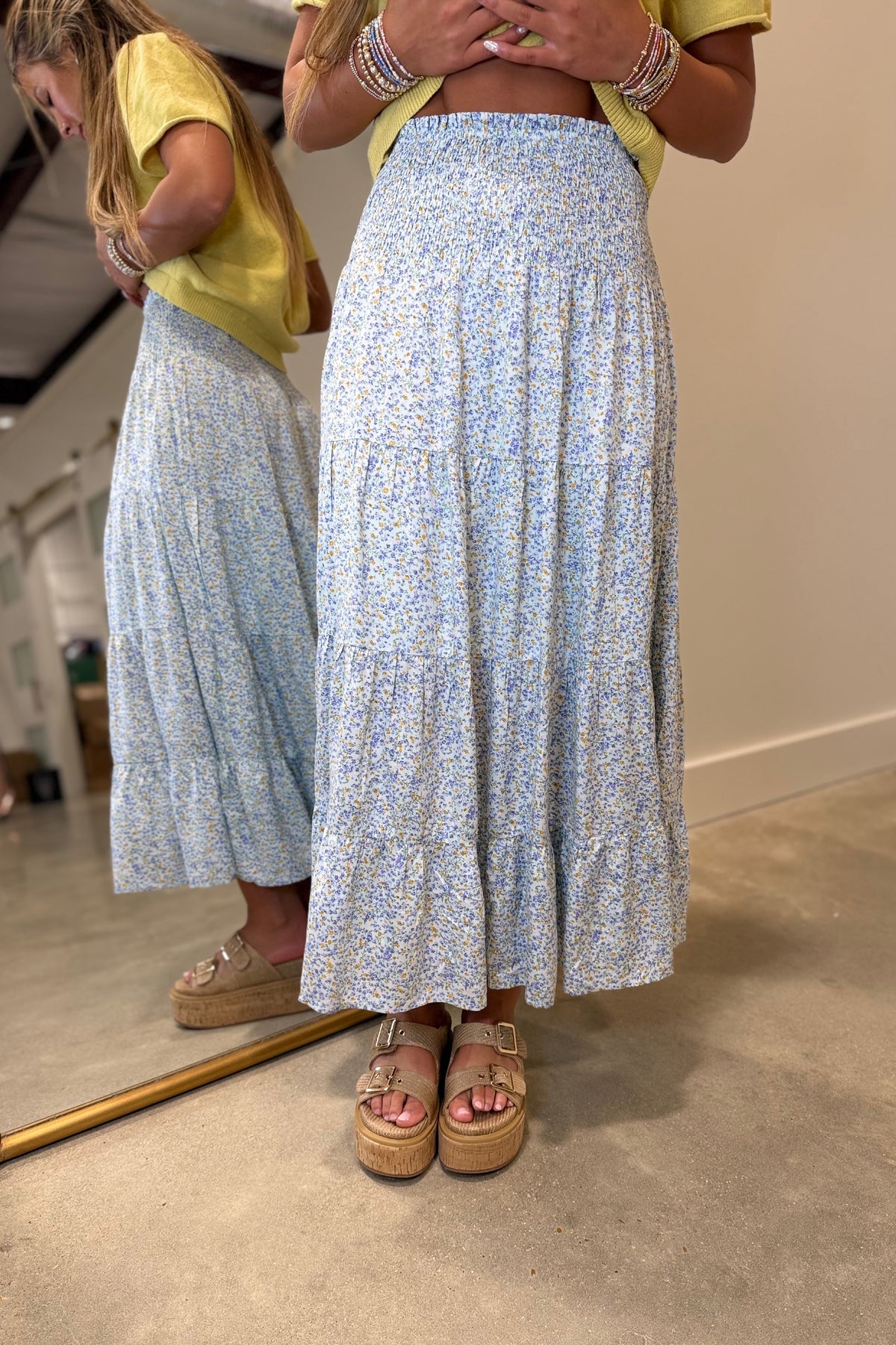 Spring Smocked Floral Skirt Blue