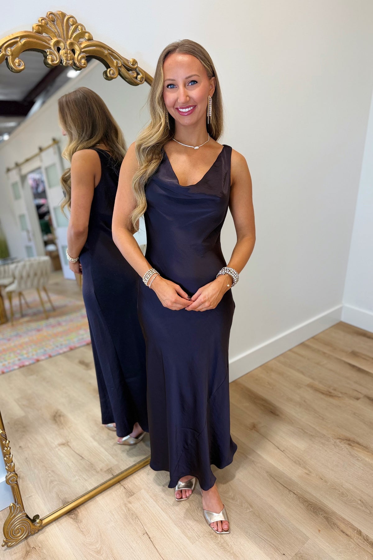Moody Midnight Satin Draped Dress Brown