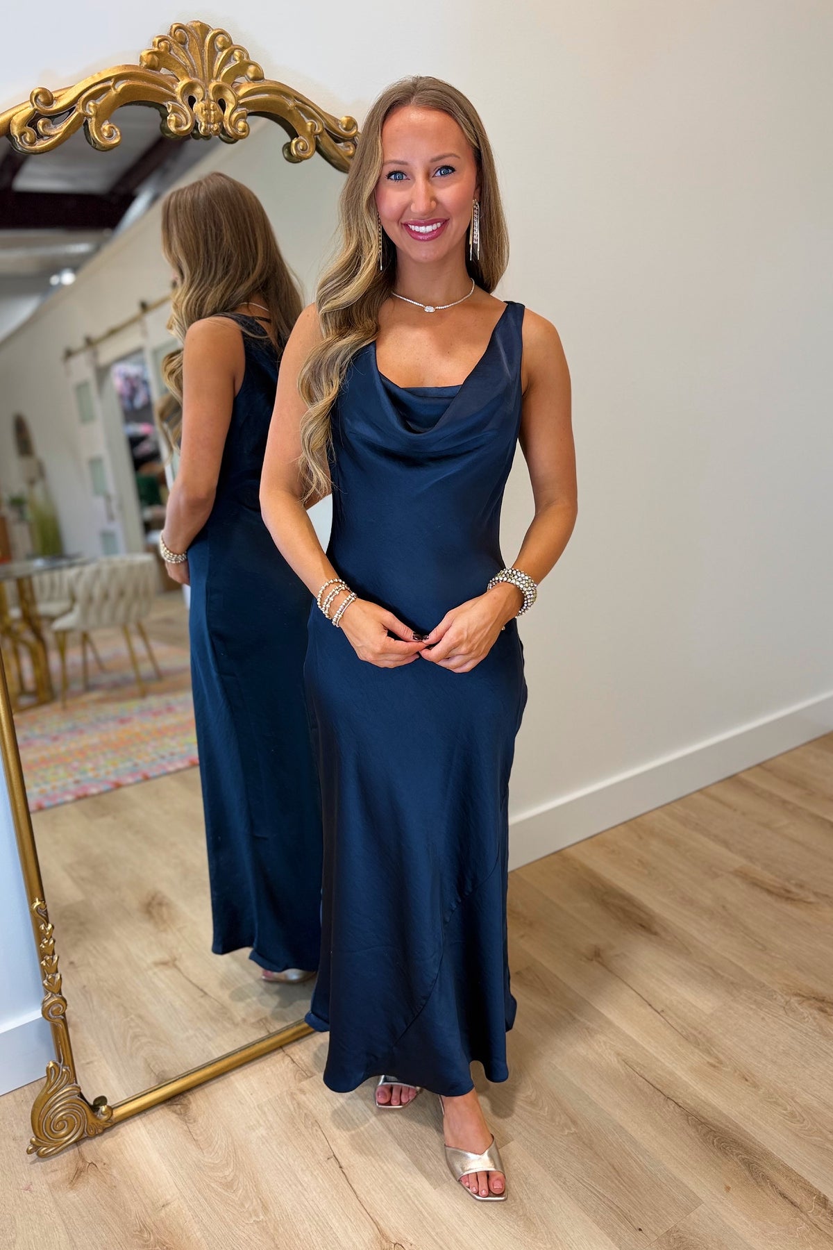 Moody Midnight Satin Draped Dress Navy