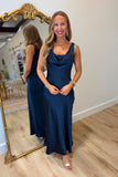 Moody Midnight Satin Draped Dress Navy