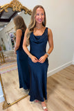 Moody Midnight Satin Draped Dress Navy