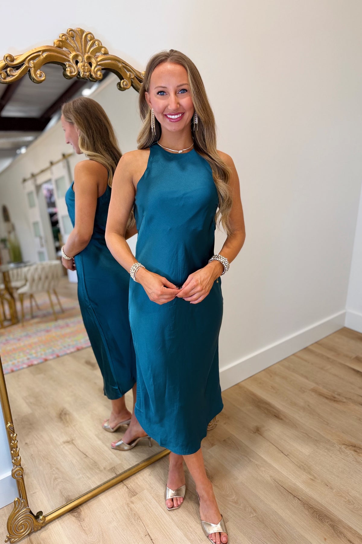 Satin Noir Sleeveless Midi Dress Teal
