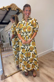 Golden Sunflower Puff Sleeve Midi Dress