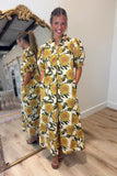 Golden Sunflower Puff Sleeve Midi Dress