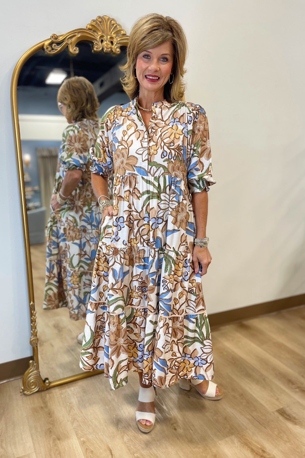 Umgee Floral Mix Print Dress Latte