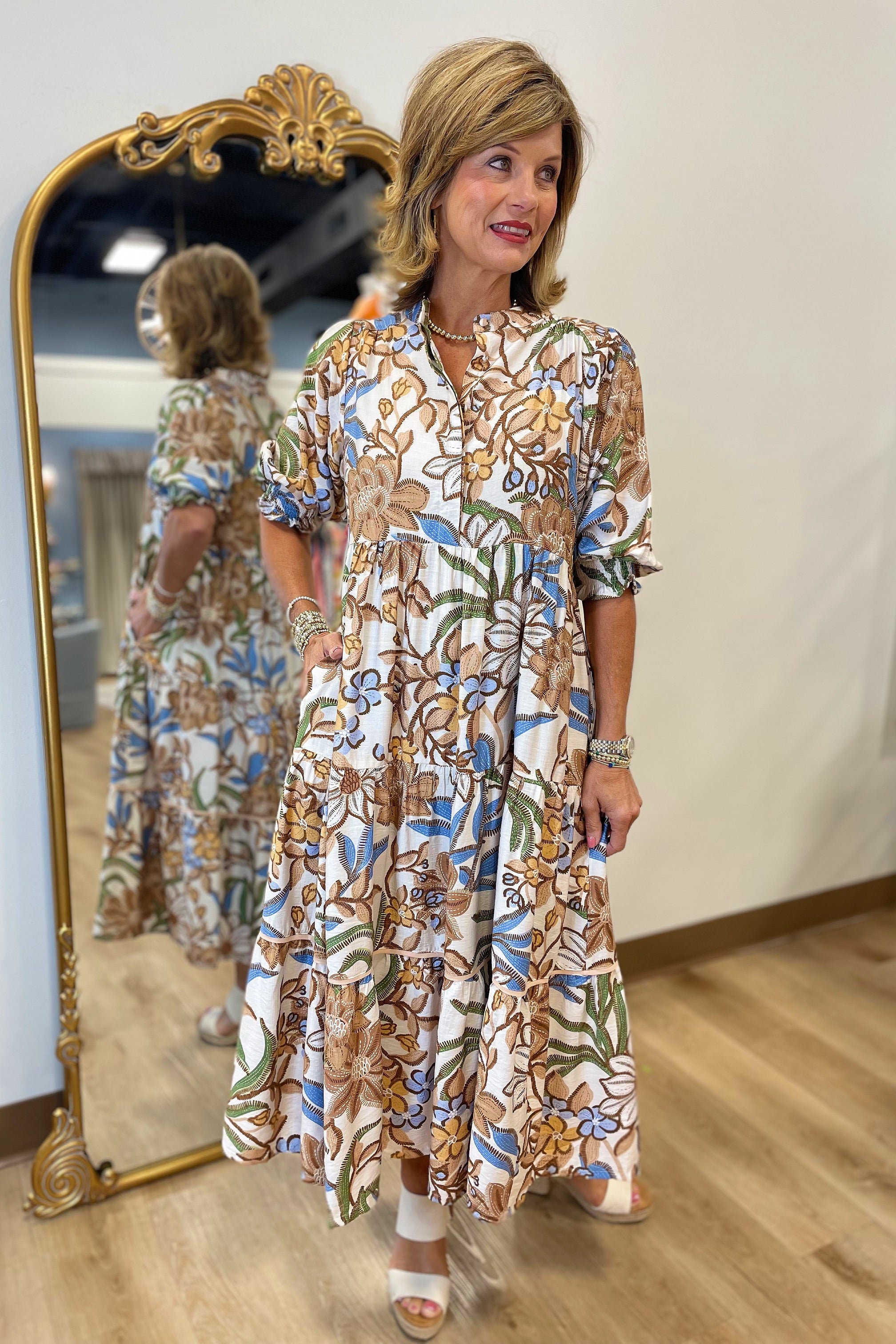 Umgee Floral Mix Print Dress Latte Umgee Floral Mix Print Dress Latte