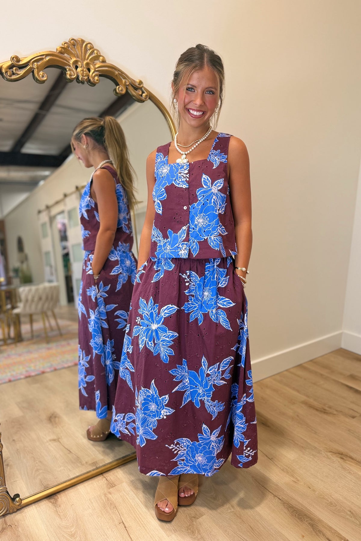 Midnight Garden Floral Skirt Set Maroon