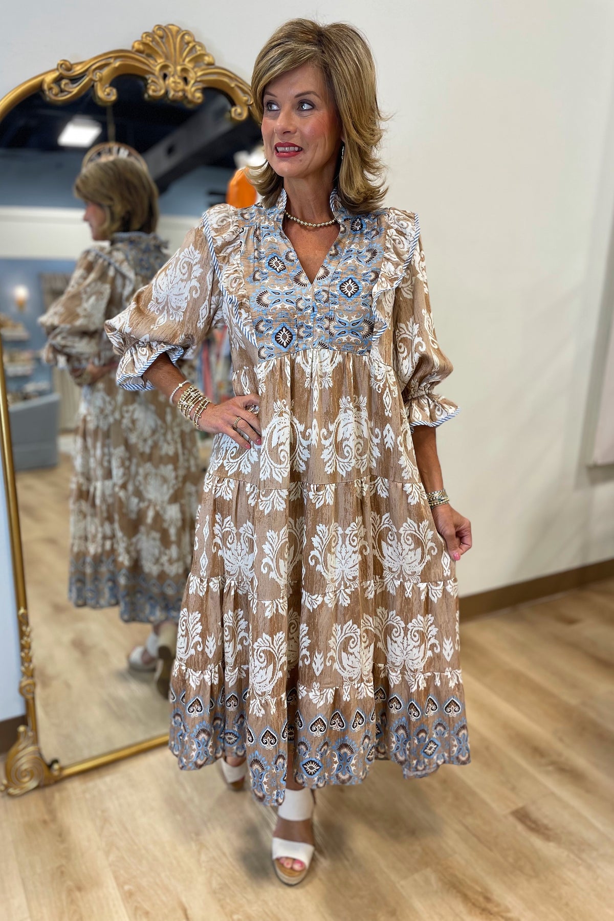 Umgee Contrast Tiered Dress Taupe