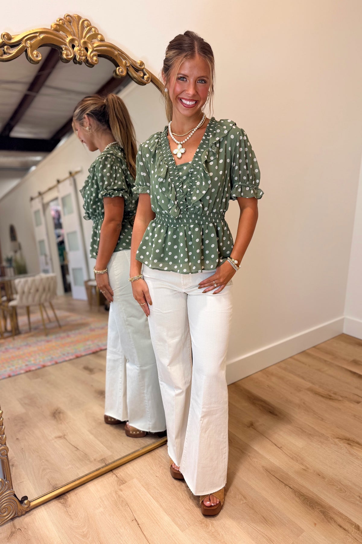 Maple Dot Ruffled Smock Top Olive