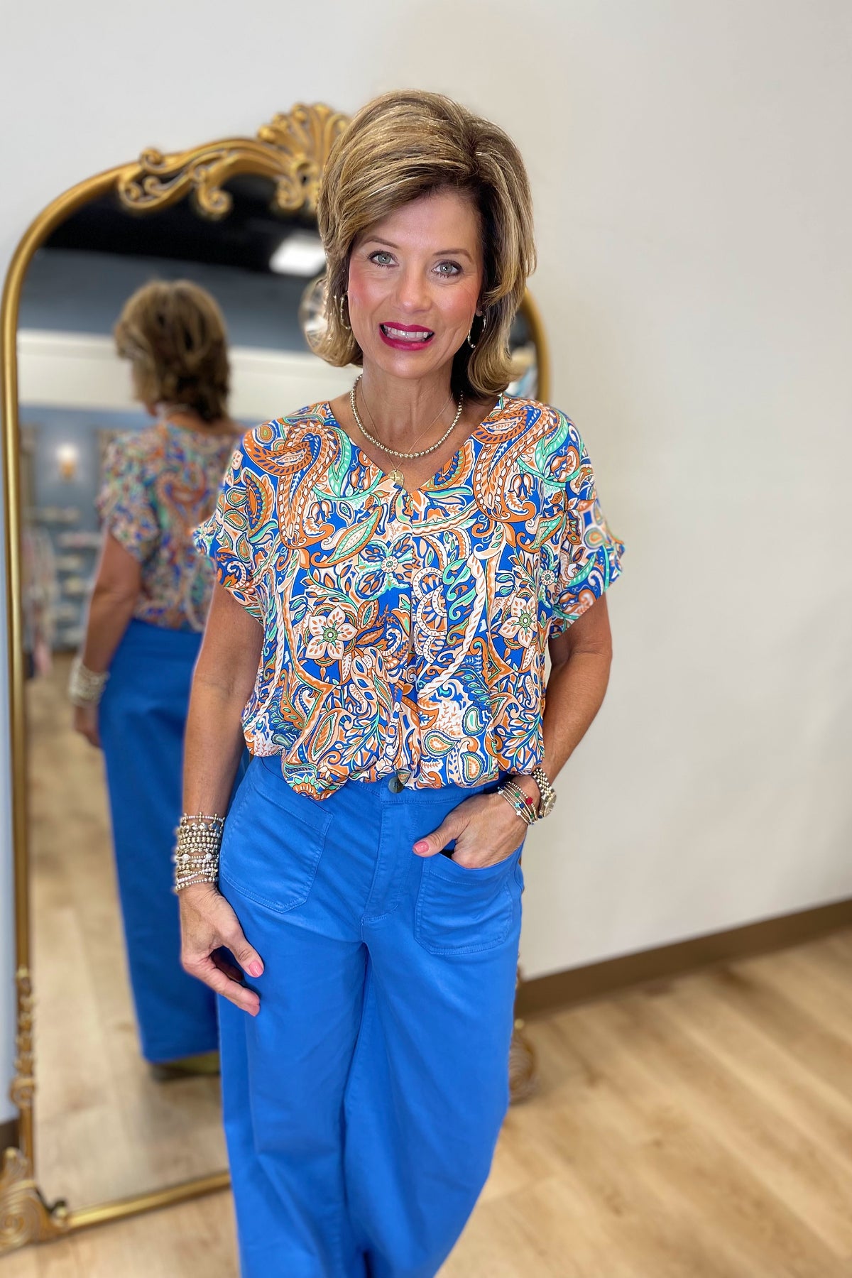 Polished Paisley V Neck Top Blue