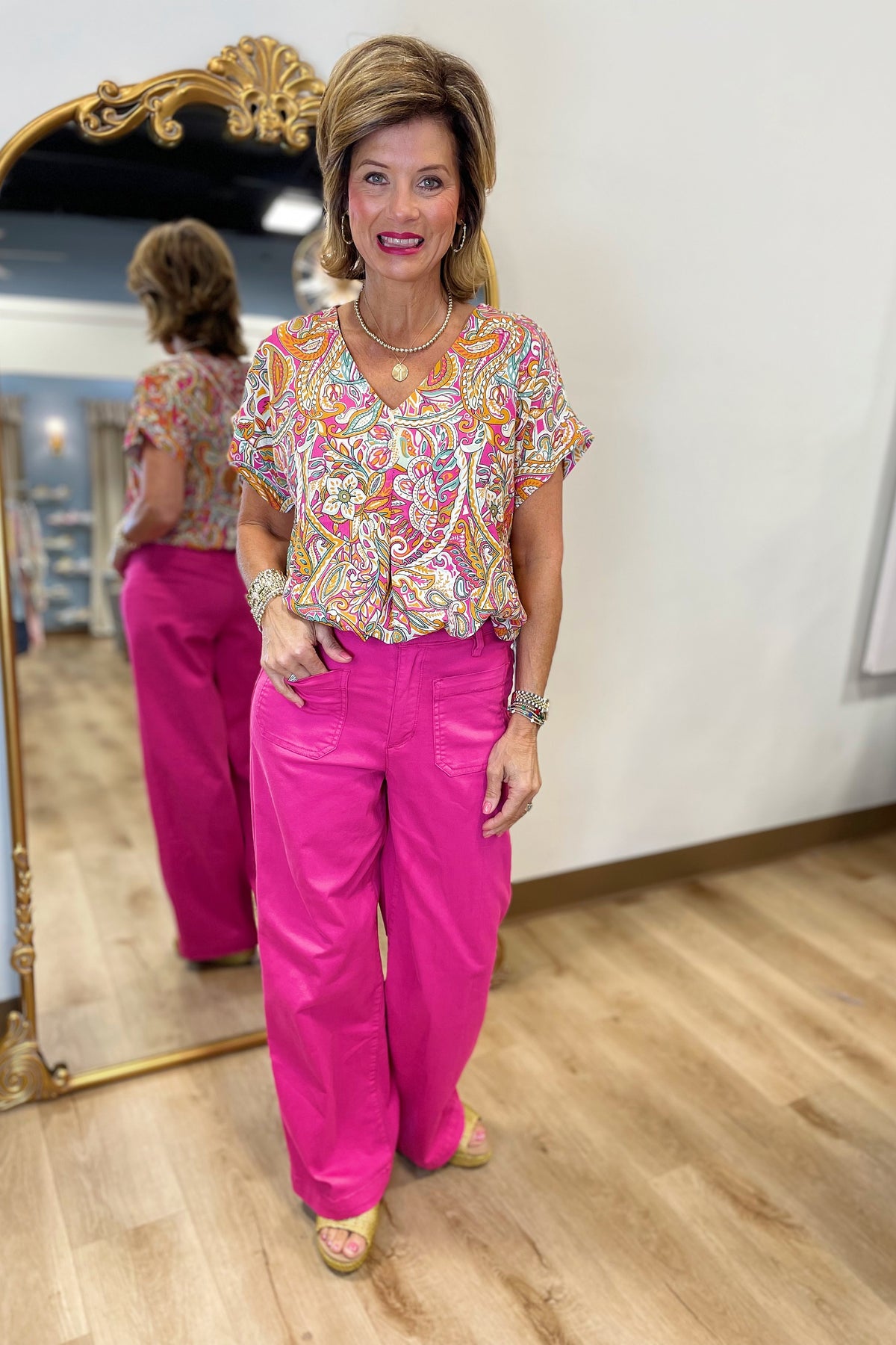 Polished Paisley V Neck Top Pink