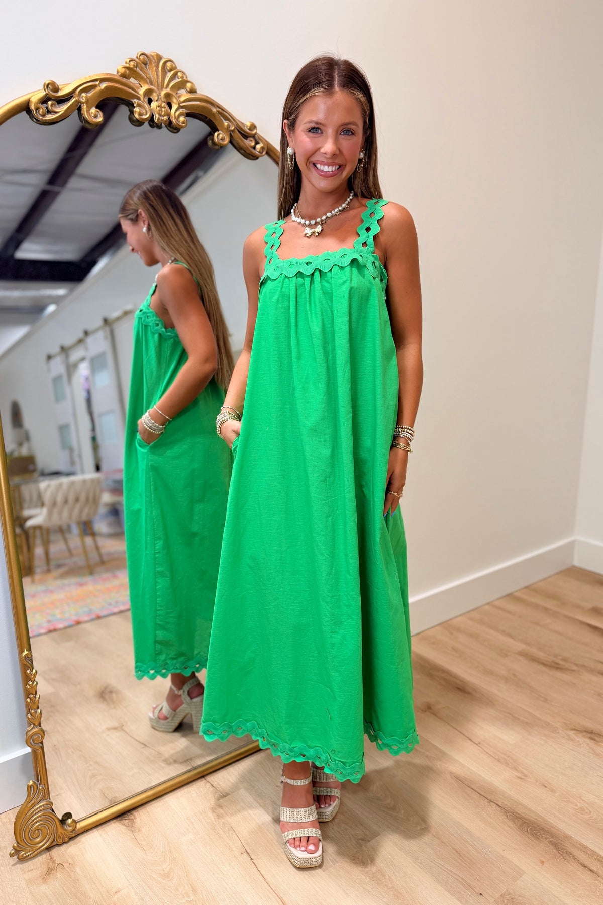 Palm Social Ric Rac Midi Dress Green