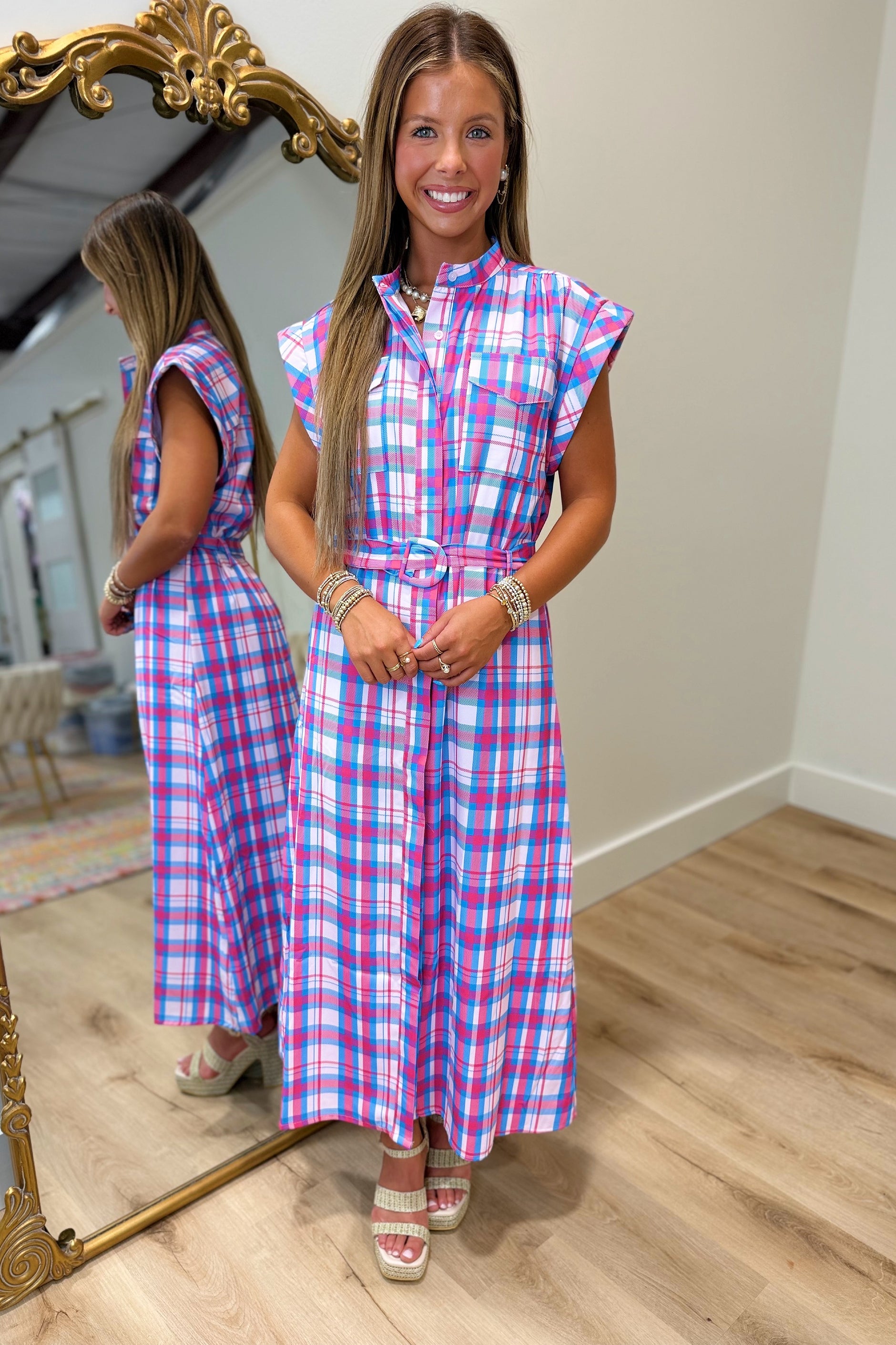 pink plaid midi dress Plaid Beginnings Belted Midi Dress Pink Blue