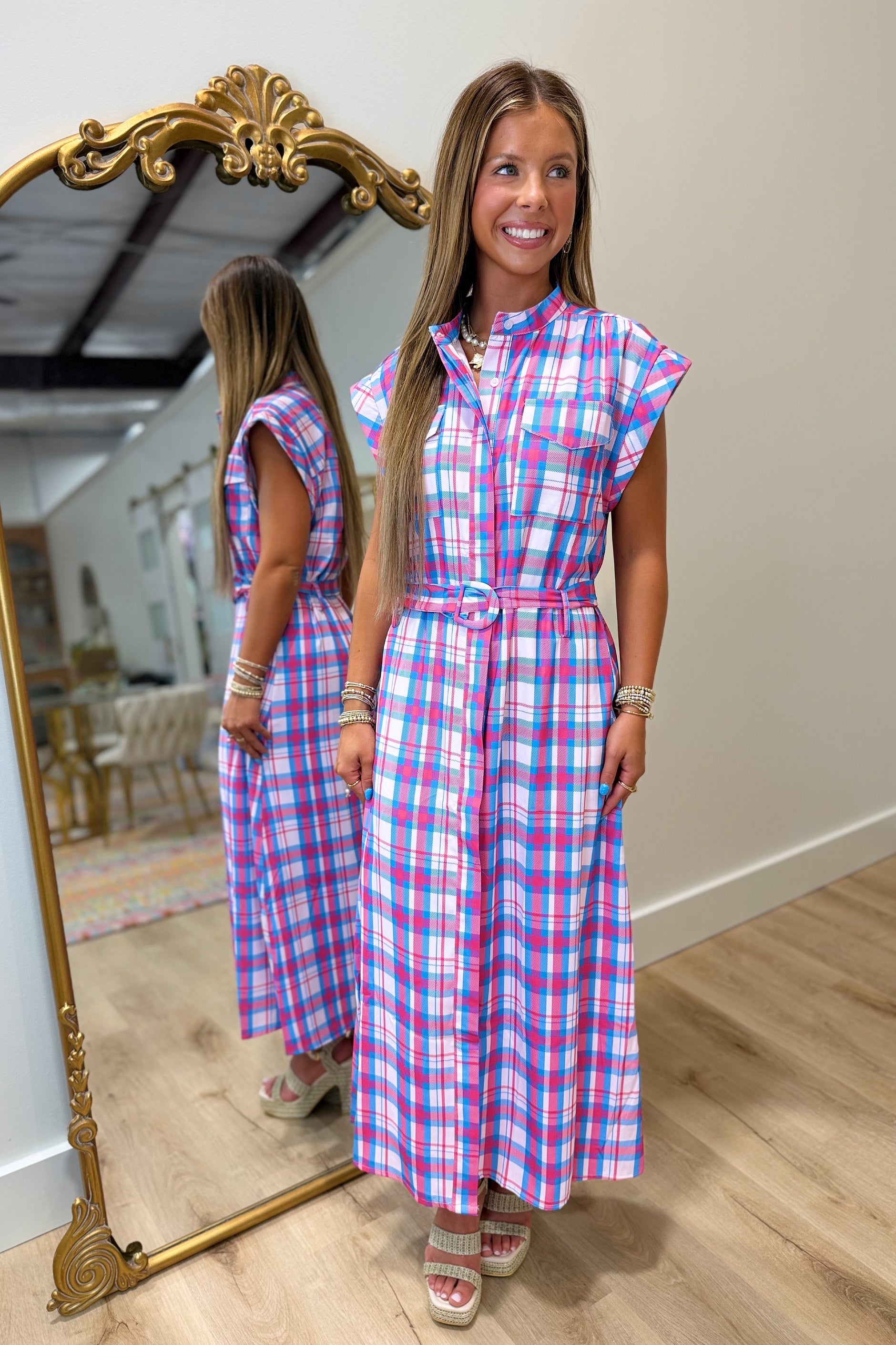 Plaid Beginnings Belted Midi Dress Pink Blue – Expectations Too