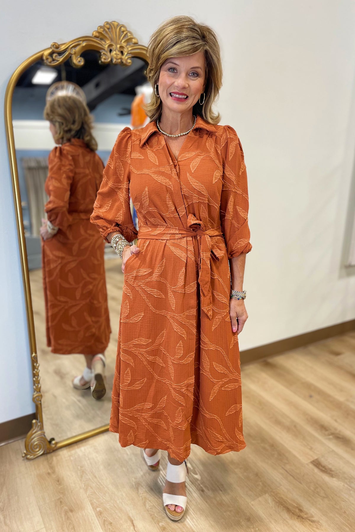 Umgee Jacquard Midi Dress Rust