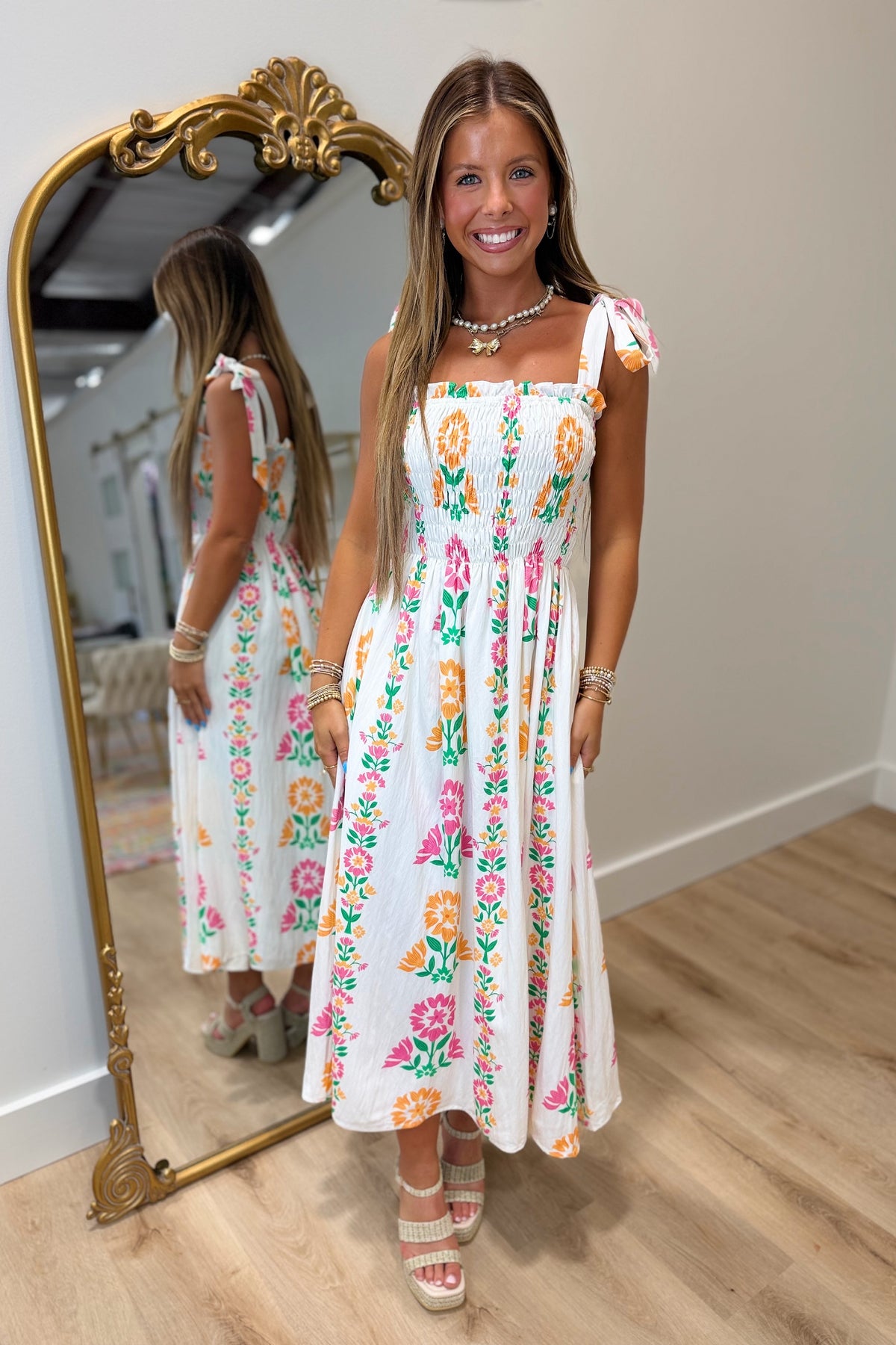 Island Bloom Smocked Midi Dress White