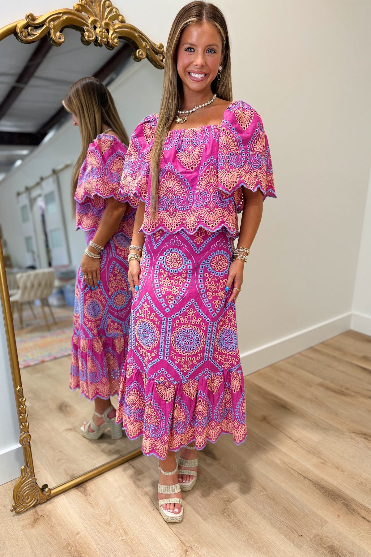 Paradise Eyelet Skirt Set Pink