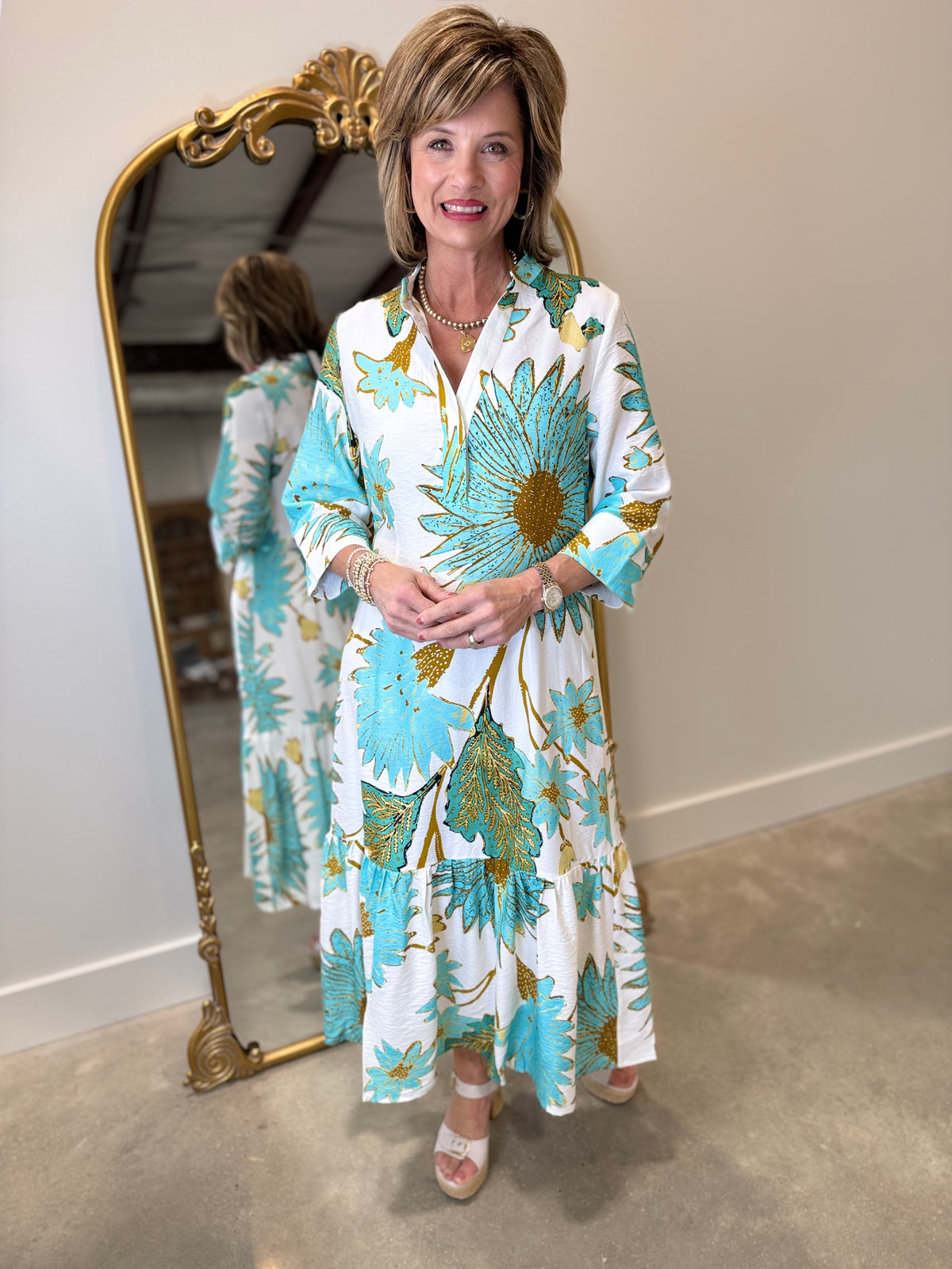 Boho Chic Floral Midi Dress Aqua RESTOCK