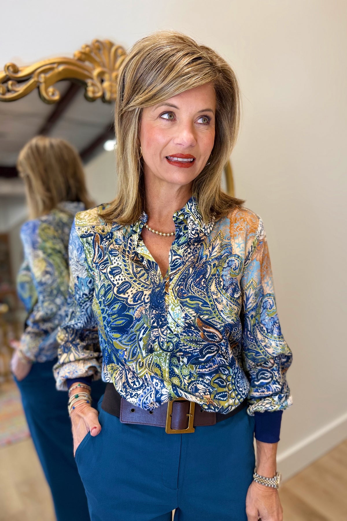 Renuar Long Sleeve Printed Blouse Olive