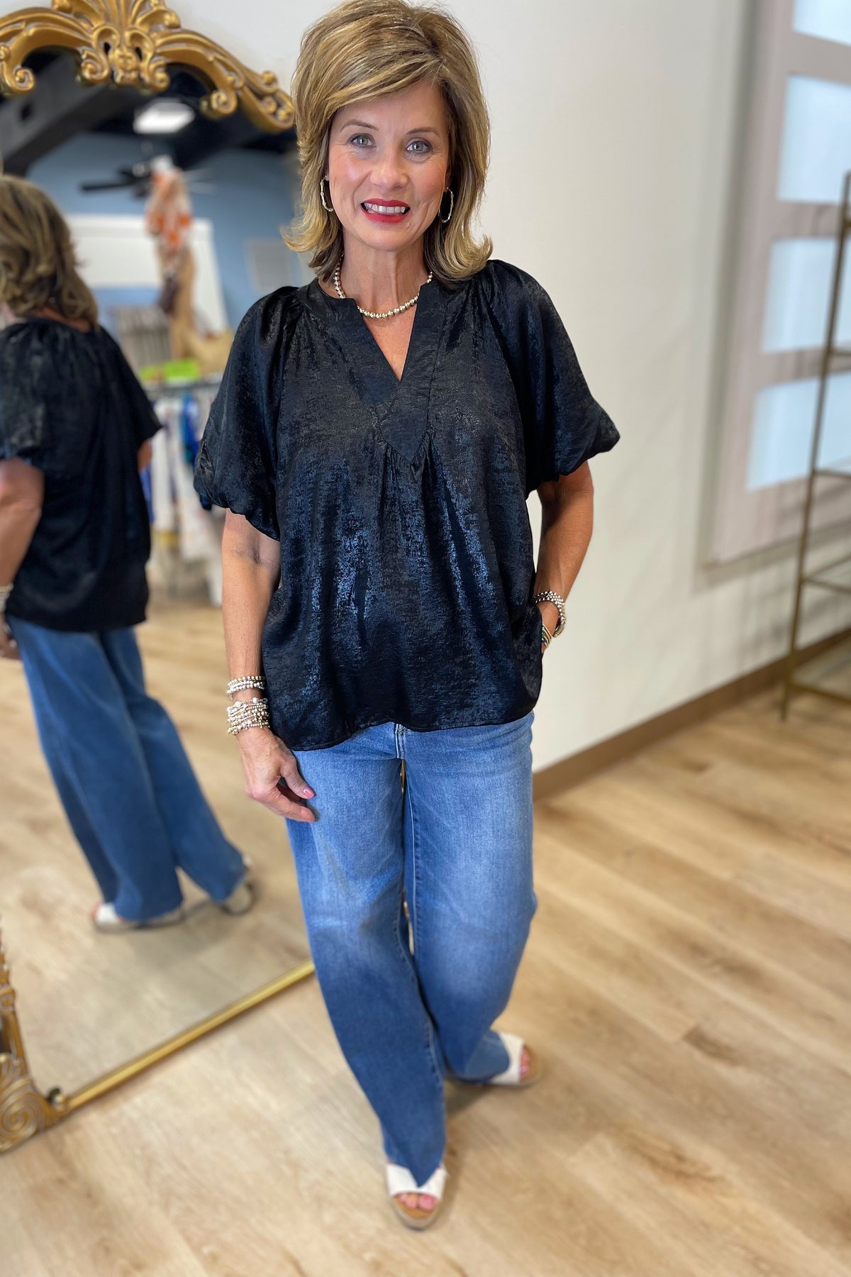 Metallic Puff Sleeve Blouse Black