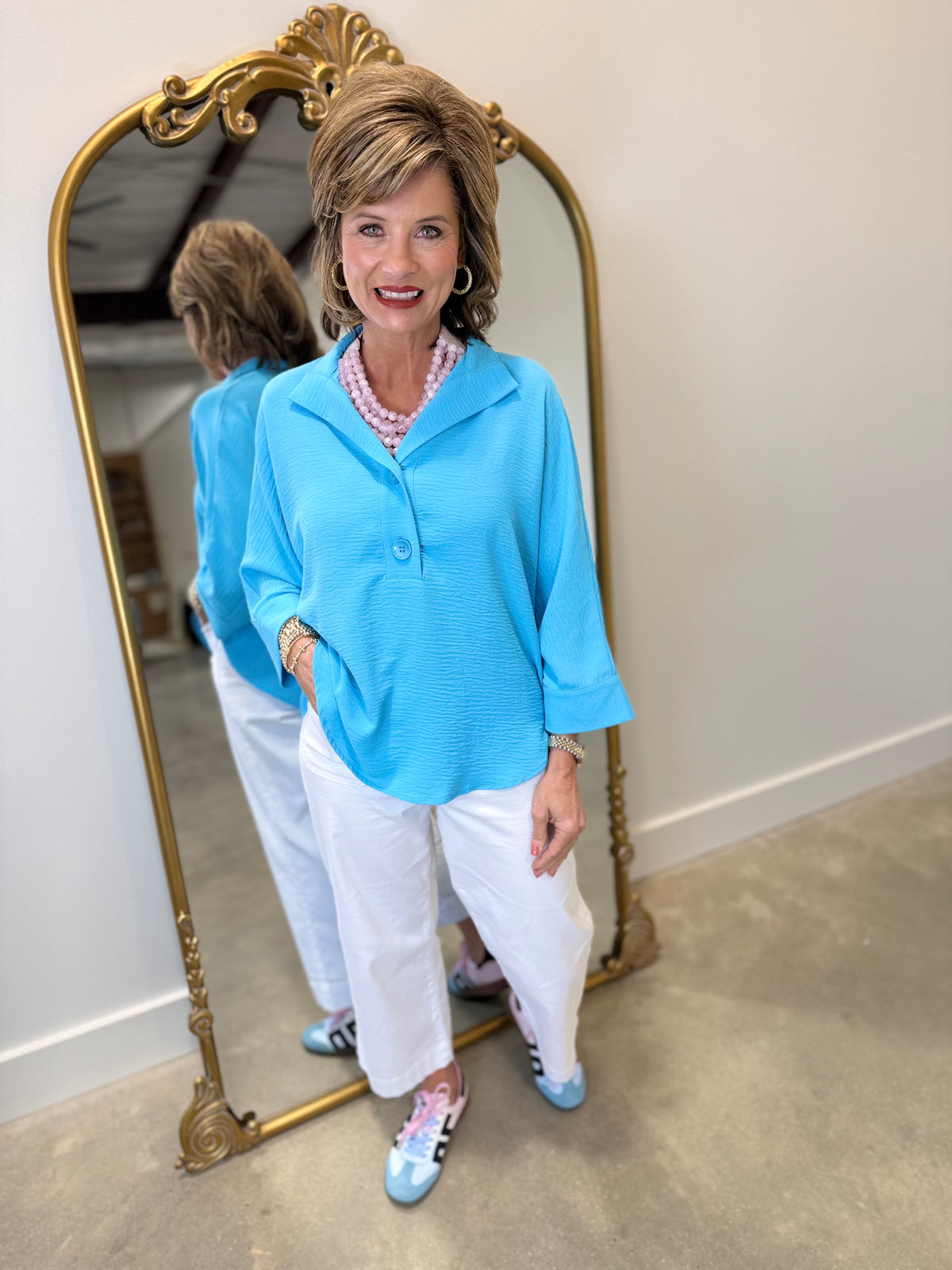 Renuar Double Button Blouse Ocean