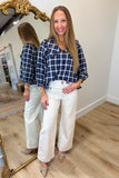Plaid Beginnings V Neck Top Navy