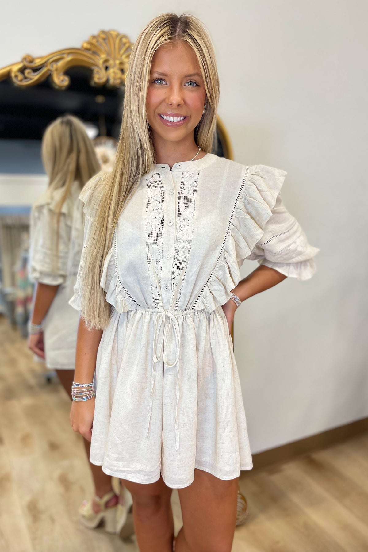 Inlaid w Lace Romper Natural