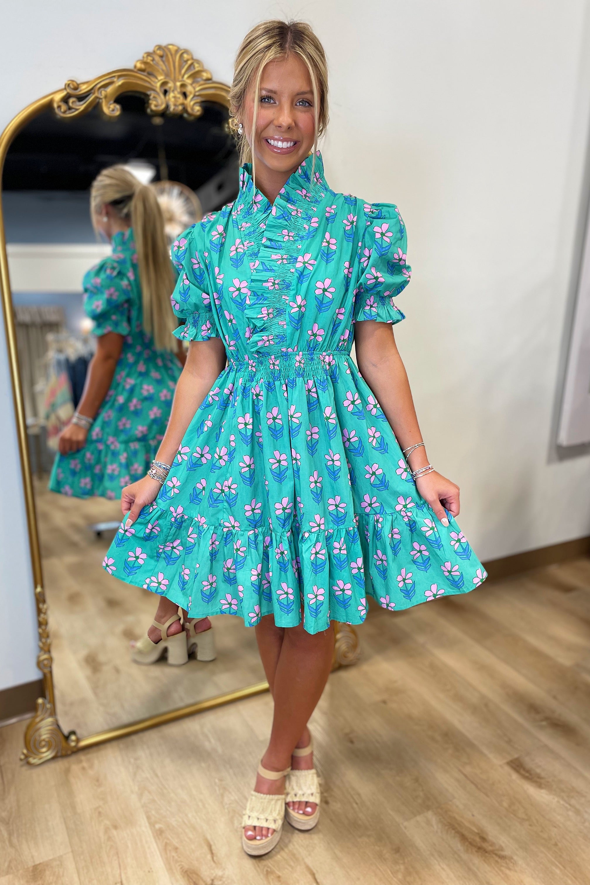Umgee Pleated Split Neck Dress Green