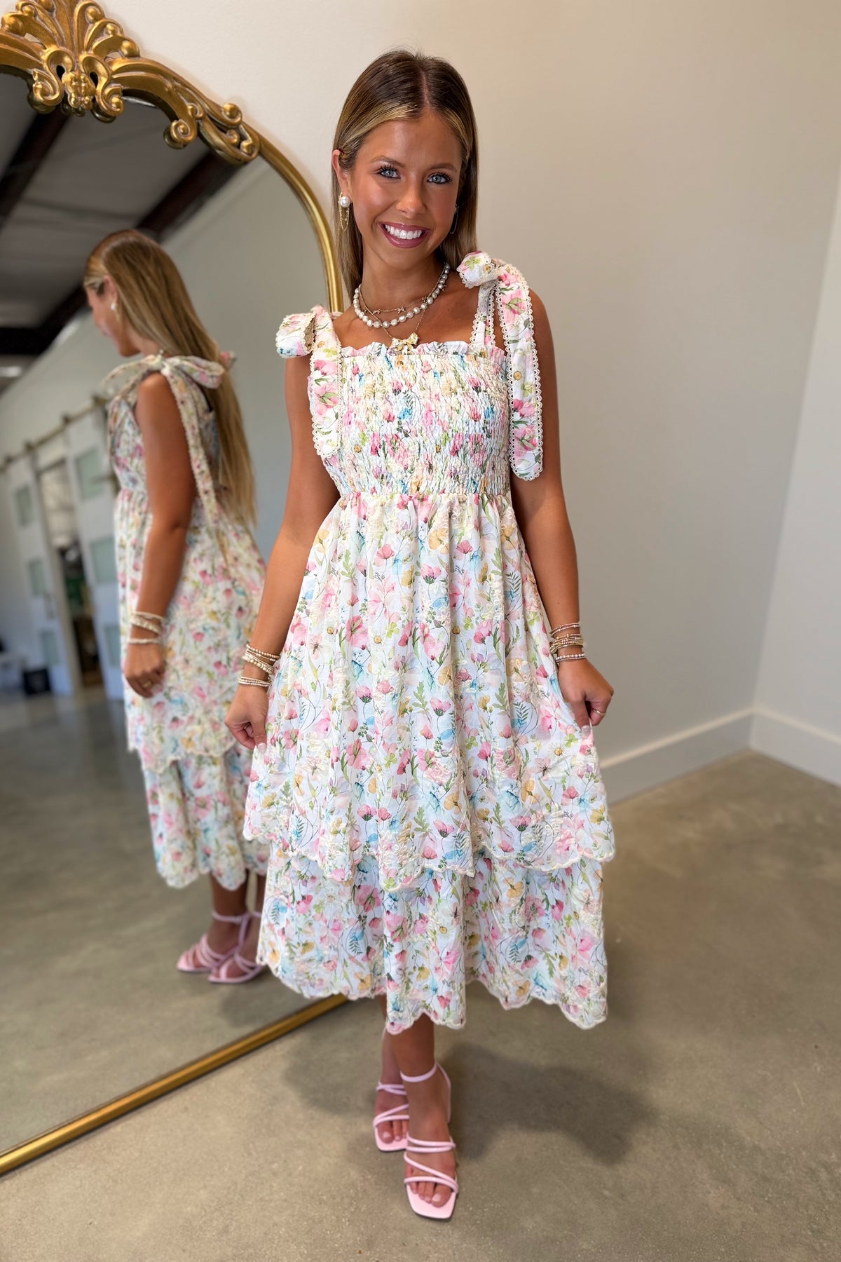 Darling Details Floral Smocked Dress Cream