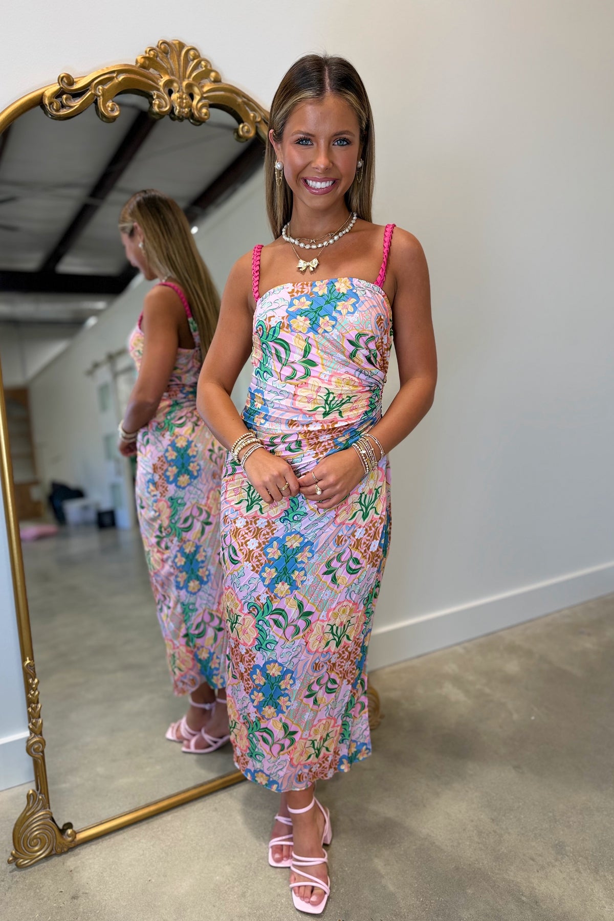 Malibu Palm Pleated Ruched Midi Dress