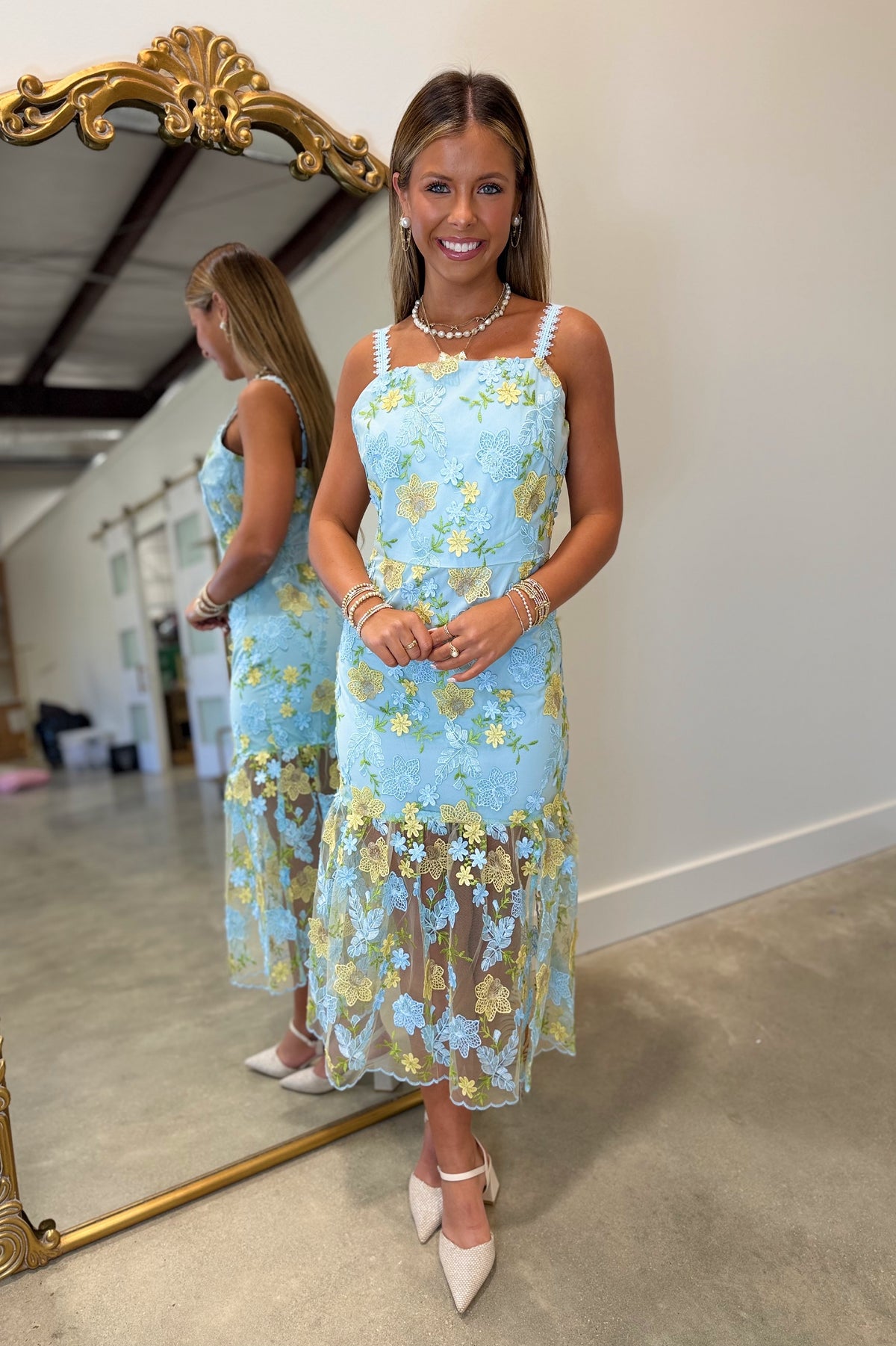 Blossom Celebration Mesh Midi Dress Aqua
