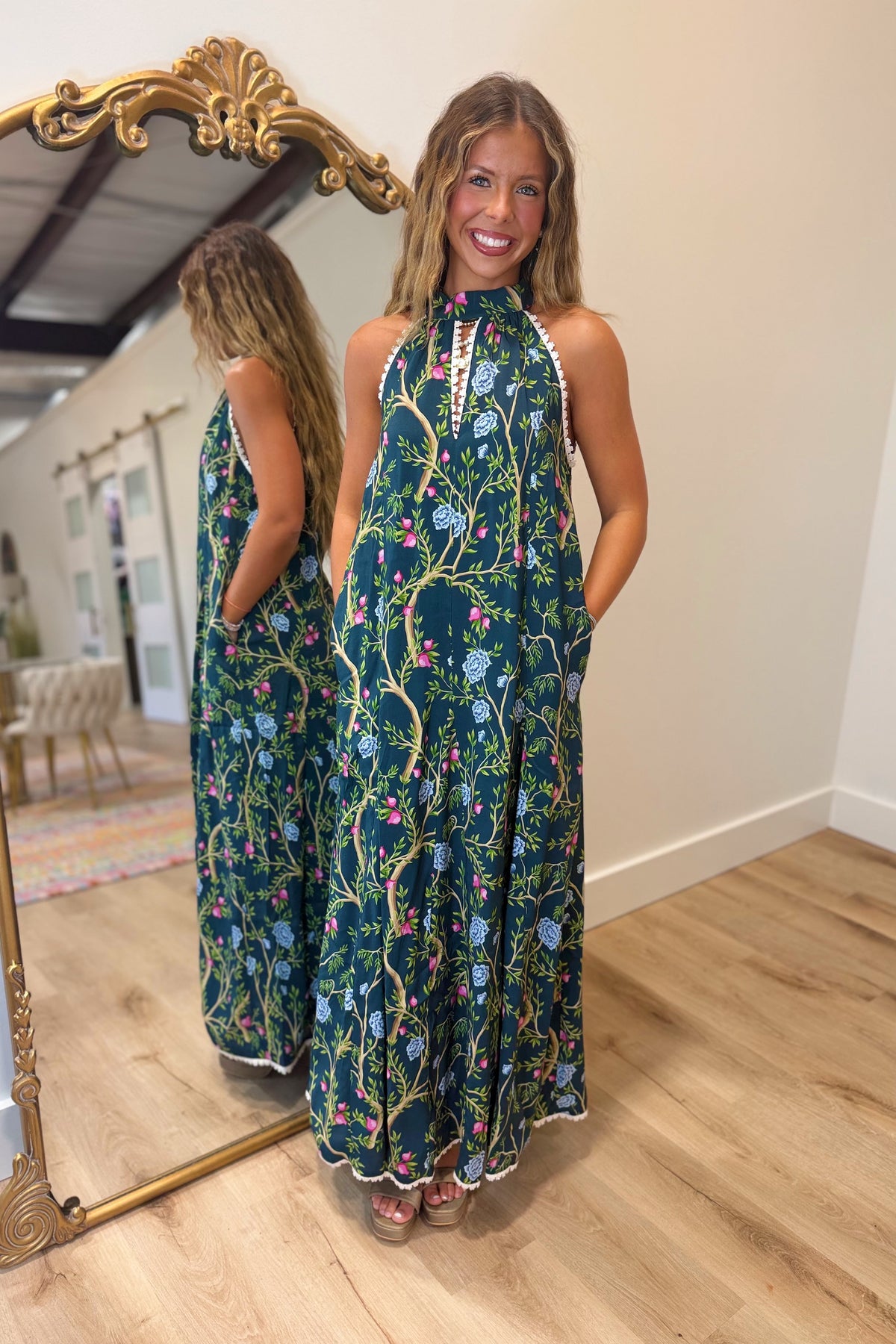 Floral Vine Halter Maxi Dress Green